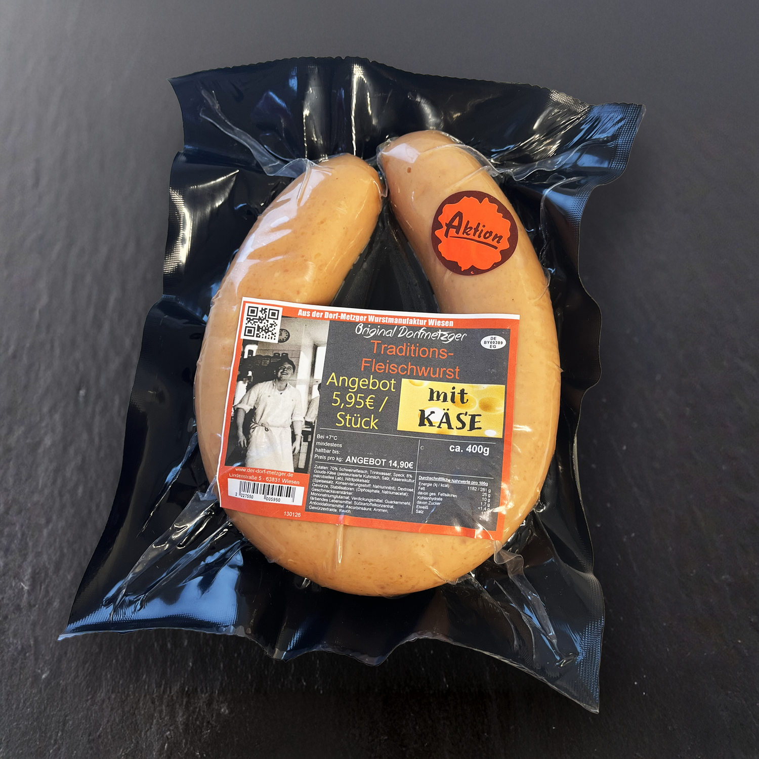 Produktbild Fleischwurst mit Käse im Ring 400 Gramm Ring vom Dorfmetzger aus Wiesen in SB-Verpackung
